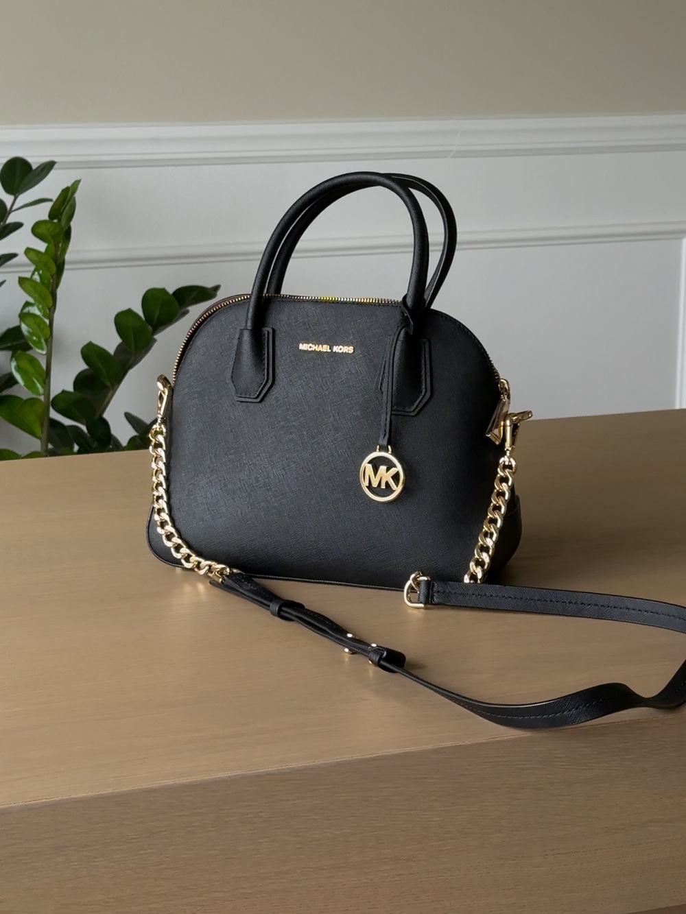 Michael Kors Black Dome Satchel with Gold Chain Accent